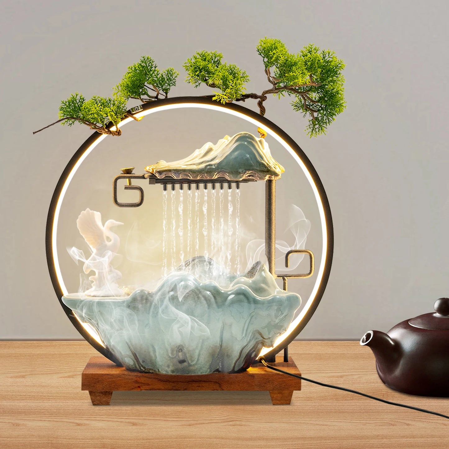 Black Manual Tabletop Water Fountain,Indoor Ceramic Waterfall with LED Light Mist Desk Fountain for Decorative Item