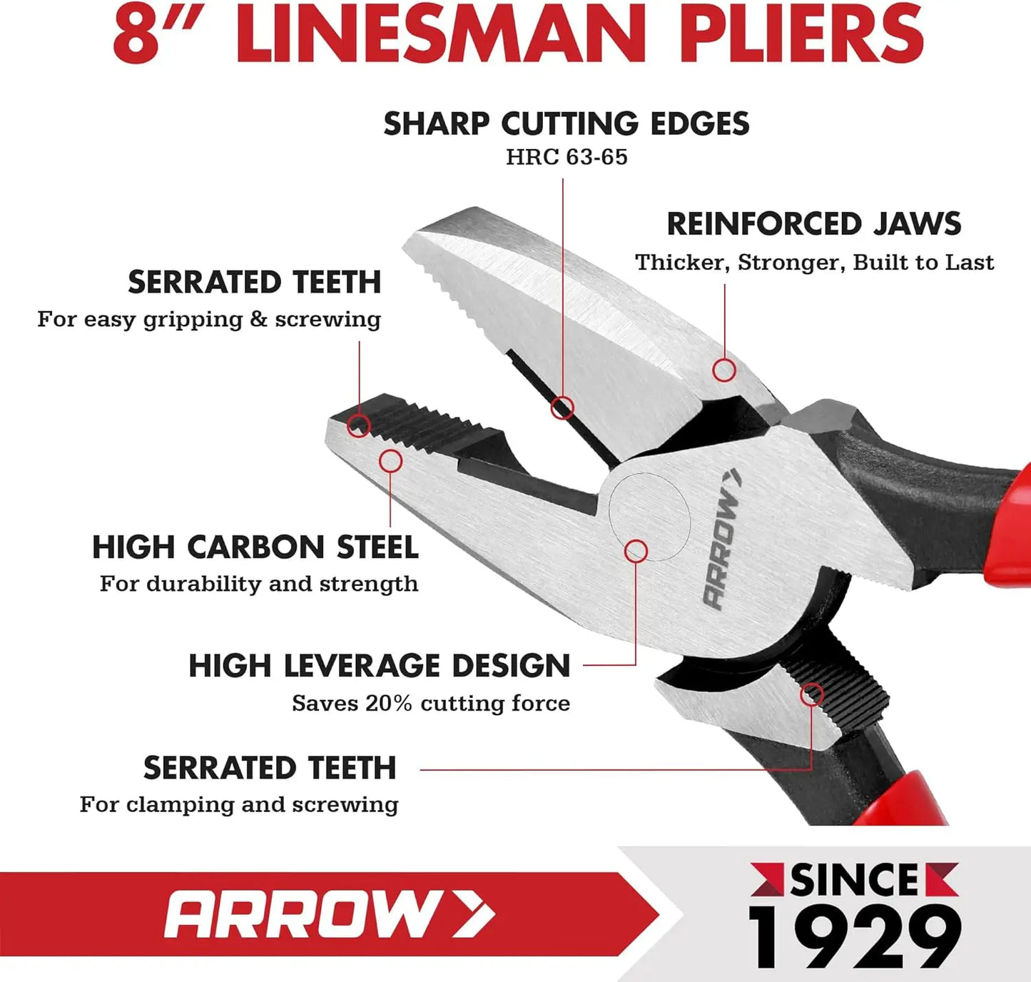 8" High Leverage Linemans Pliers, Side Cutters for Wire Cutting & Gripping