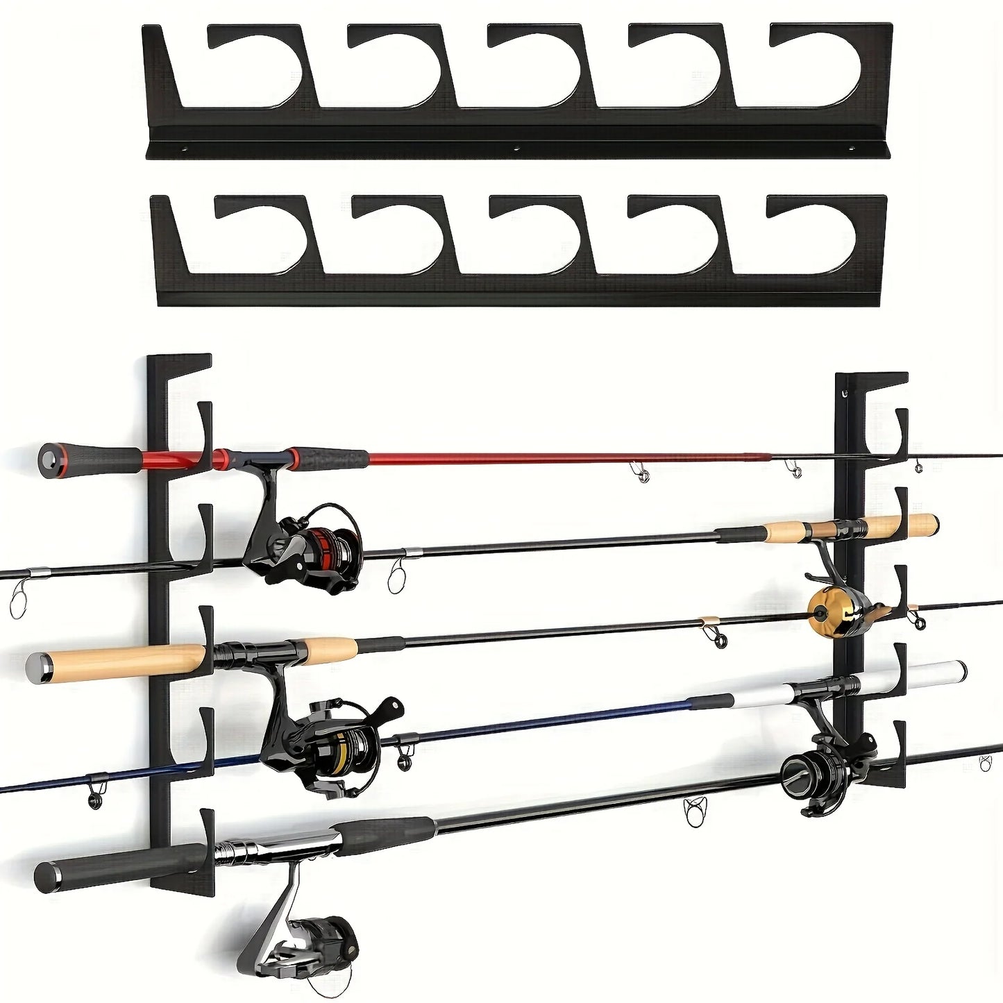 2pcs of storage racks for 5 fishing rod racks installed on the wall and garage ceiling, suitable for most fishing rods.