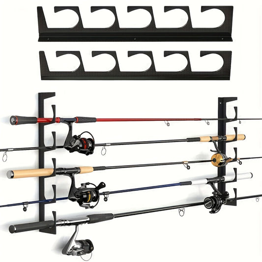 2pcs of storage racks for 5 fishing rod racks installed on the wall and garage ceiling, suitable for most fishing rods.
