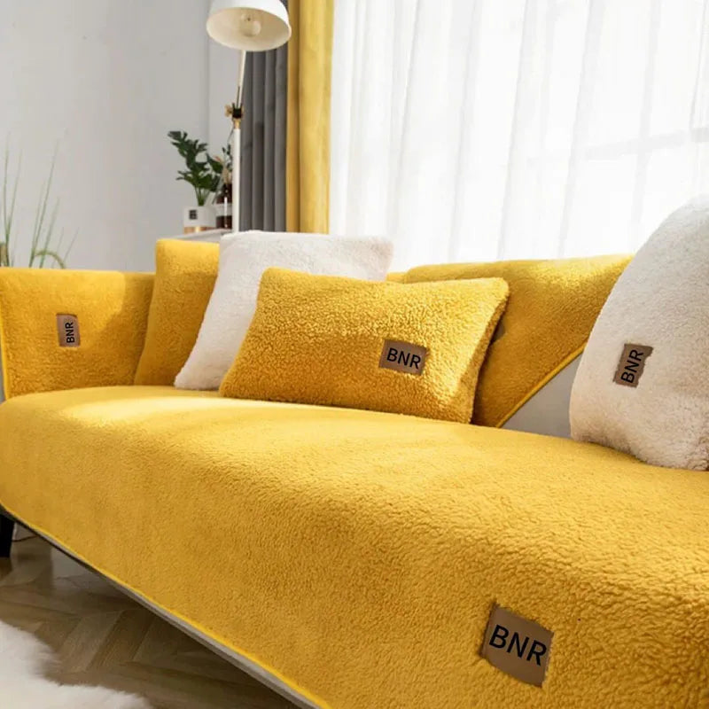 Solid Color Lamb Wool Anti Cat Scratch Sofa Cover Sofa Towel Living Room Anti Slip Dust Cover Warm Cushion Couch Protector