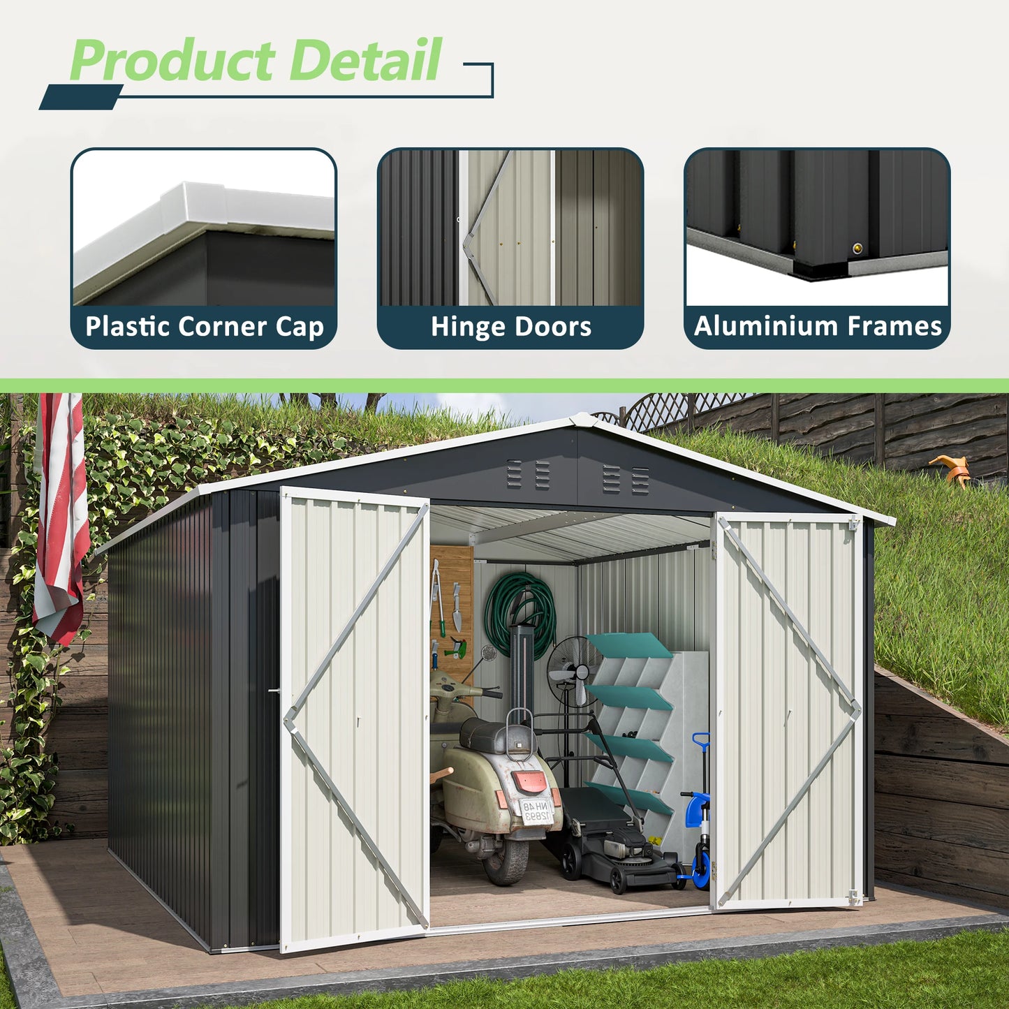 LZBEITEM Outdoor Storage Shed 10x10 FT Utility Metal Tool Storage with Lockable Doors Updated Frame Structure Black
