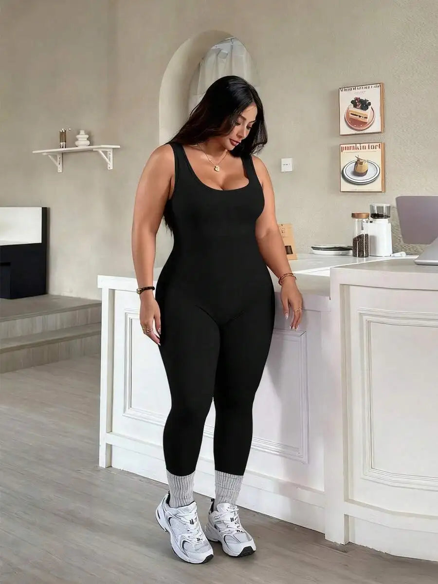 Rhythm Era 1pc Plus Size Black Backless Jumpsuit, Comfortable Stretchy Seamless Knit Yoga & Fitness Activewear