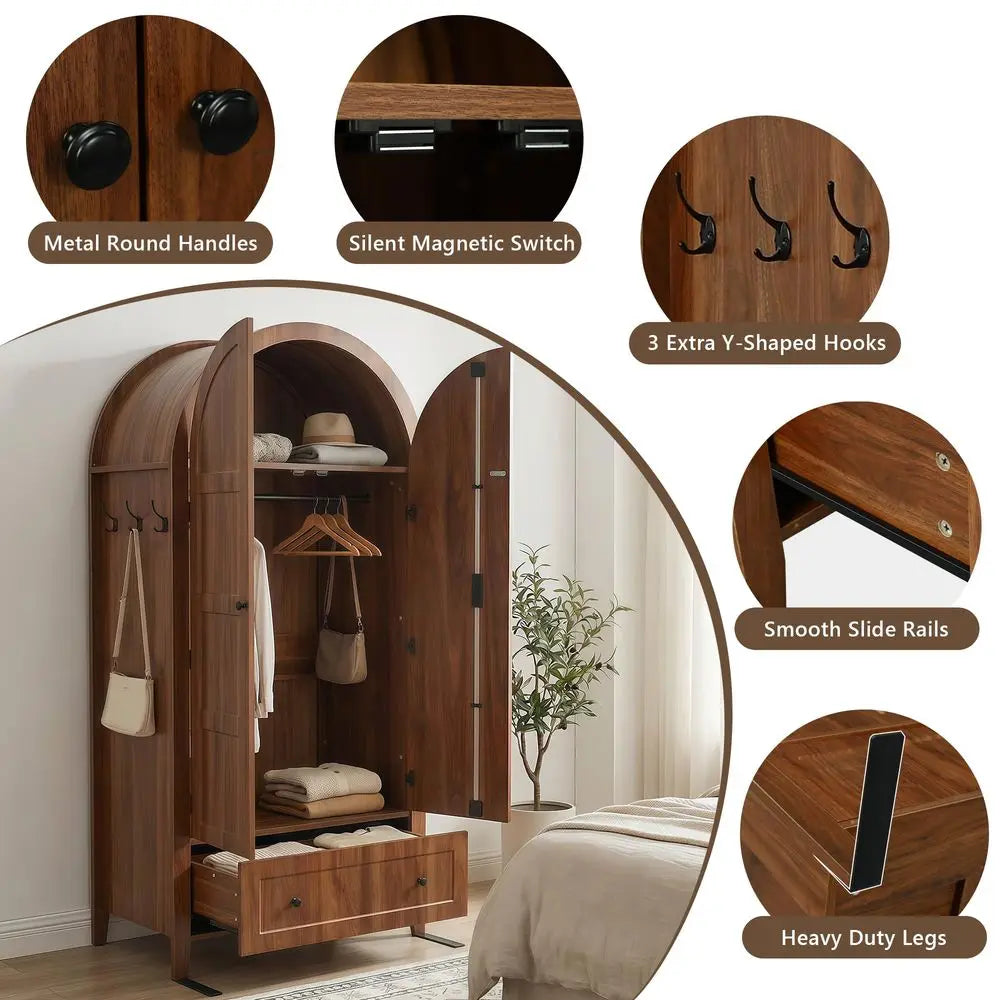 Armoire Wardrobe Closet with Drawer amp 2 Arched Doors, 70.3 Tall Wood Closet Organizer with Hanging Rod amp 3 Hooks, Large Sto