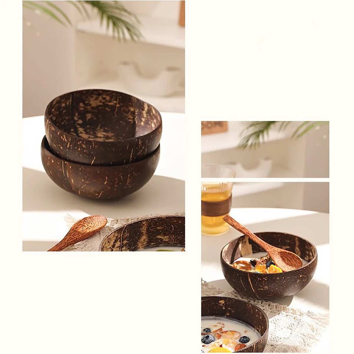 Natural Coconut Shell Bowl And Spoon Set For Serving Dishes Salad Wooden Reusable Kitchen Tableware Coconut Bowls Fruit Bowl