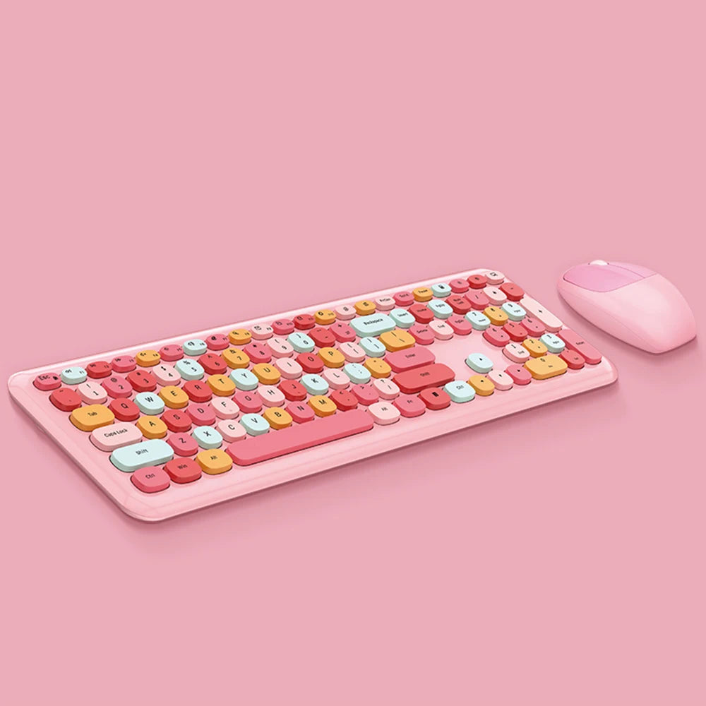 Keyboard Mouse Combo Wireless 2.4G Mixed Color 110 Key Keyboard Mouse Set with Round Punk Keycaps for Girl Purple