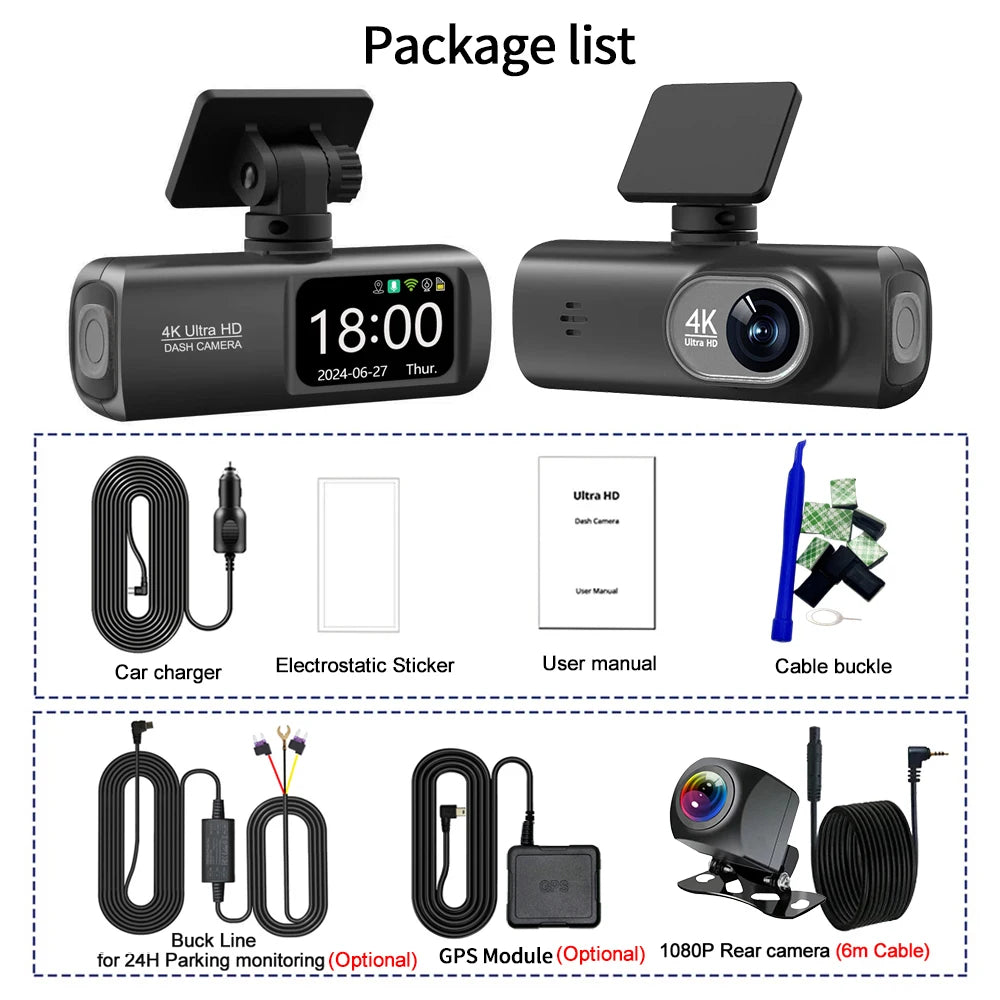 UHD 4K WiFi Dash Cam Dual Lens Driving Recorder Car DVR Optional 1080P Rear Lens Camera GPS 24H Parking Monitoring Black Box