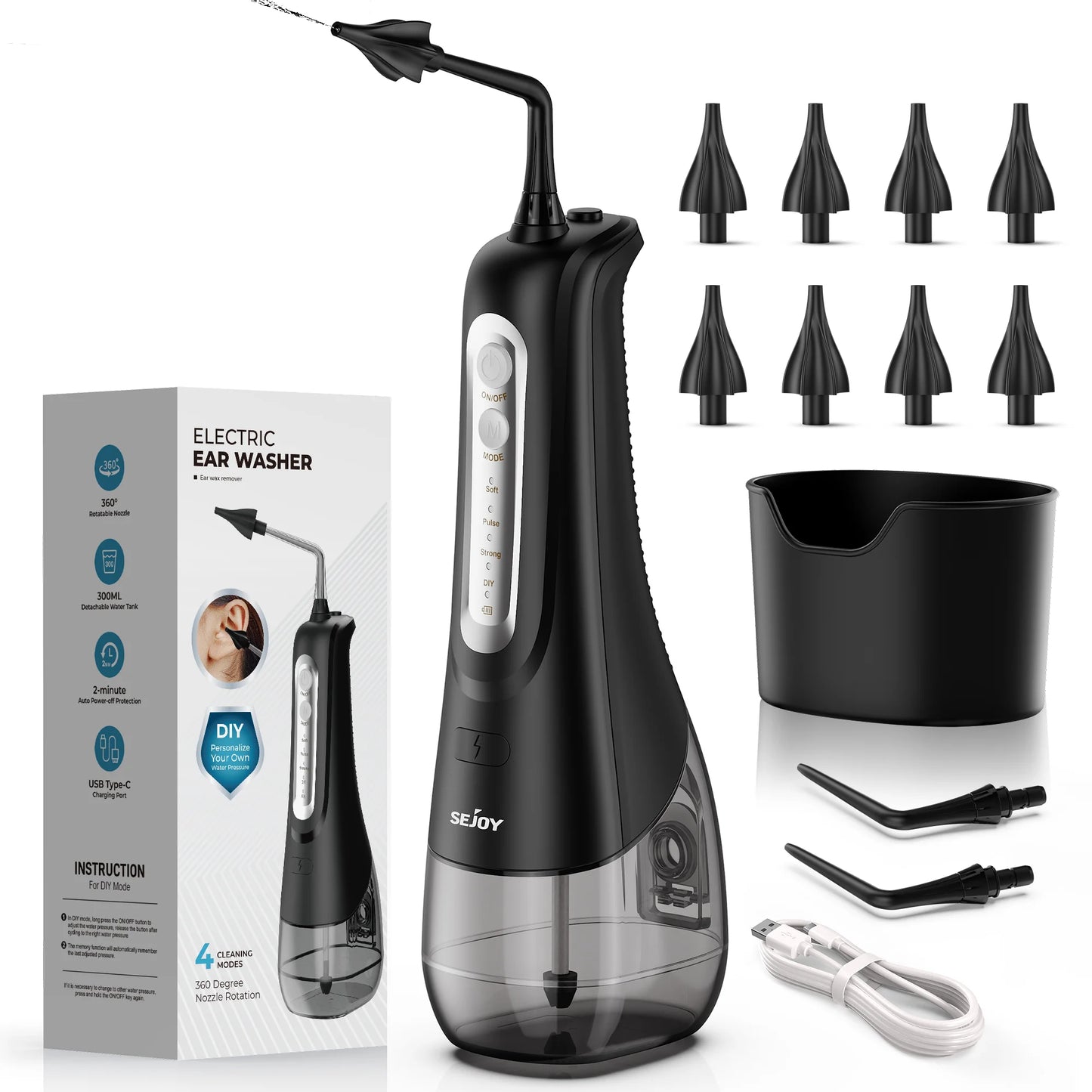 Ear Wax Removal Tool, Electric Ear Irrigation Flushing System, Water Powered with 4 Pressure Modes,8 Reusable Replacement Tips