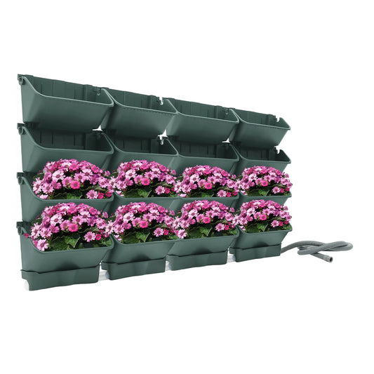 16PCS Hanging Garden Plant Wall Flower Pot Container Wall Hanging Vertical Green Plastic Planting Box W/4 Drainage Pots & 1 Pipe