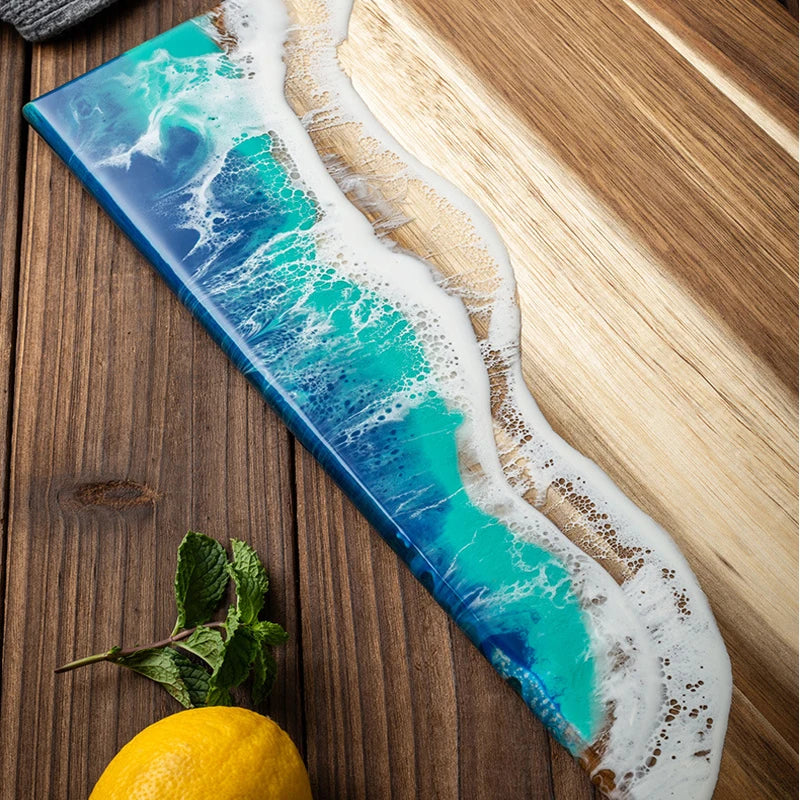Acacia Wood Cutting Board with Epoxy Resin Crafted Ocean Waves Decor Kitchen Meal Prep & Charcuterie Cheese Board Challah Board