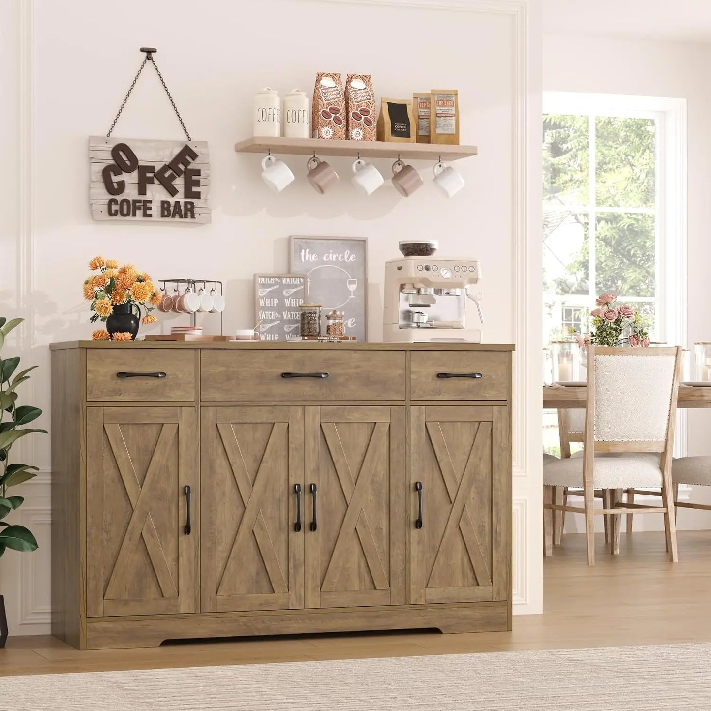 HOSTACK Kitchen Buffet Cabinet with Doors & Drawers, 55"W Farmhouse Sideboard, Adjustable Shelves