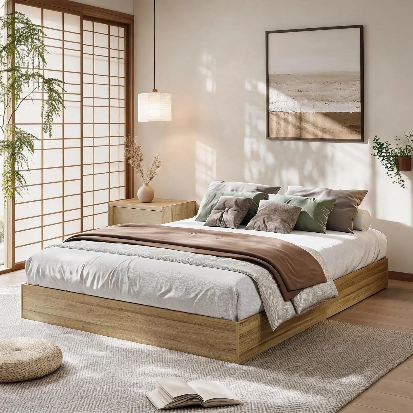 Garvee Living Room Bed Frame Easy Sturdy Assembly Bedroom Frames with Low Profile Design Eco-Friendly Bed Wood Slats Support Home Furniture Without Headboard