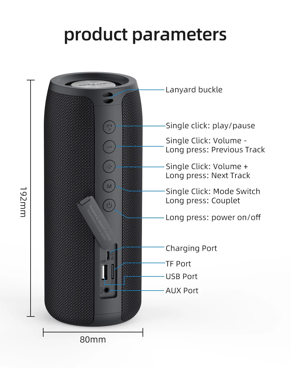 Zealot-S51 Protable Bluetooth Speaker Enhanced Bass Portable Speaker with 12H Playtime,  IPX5 Waterproof for Camping