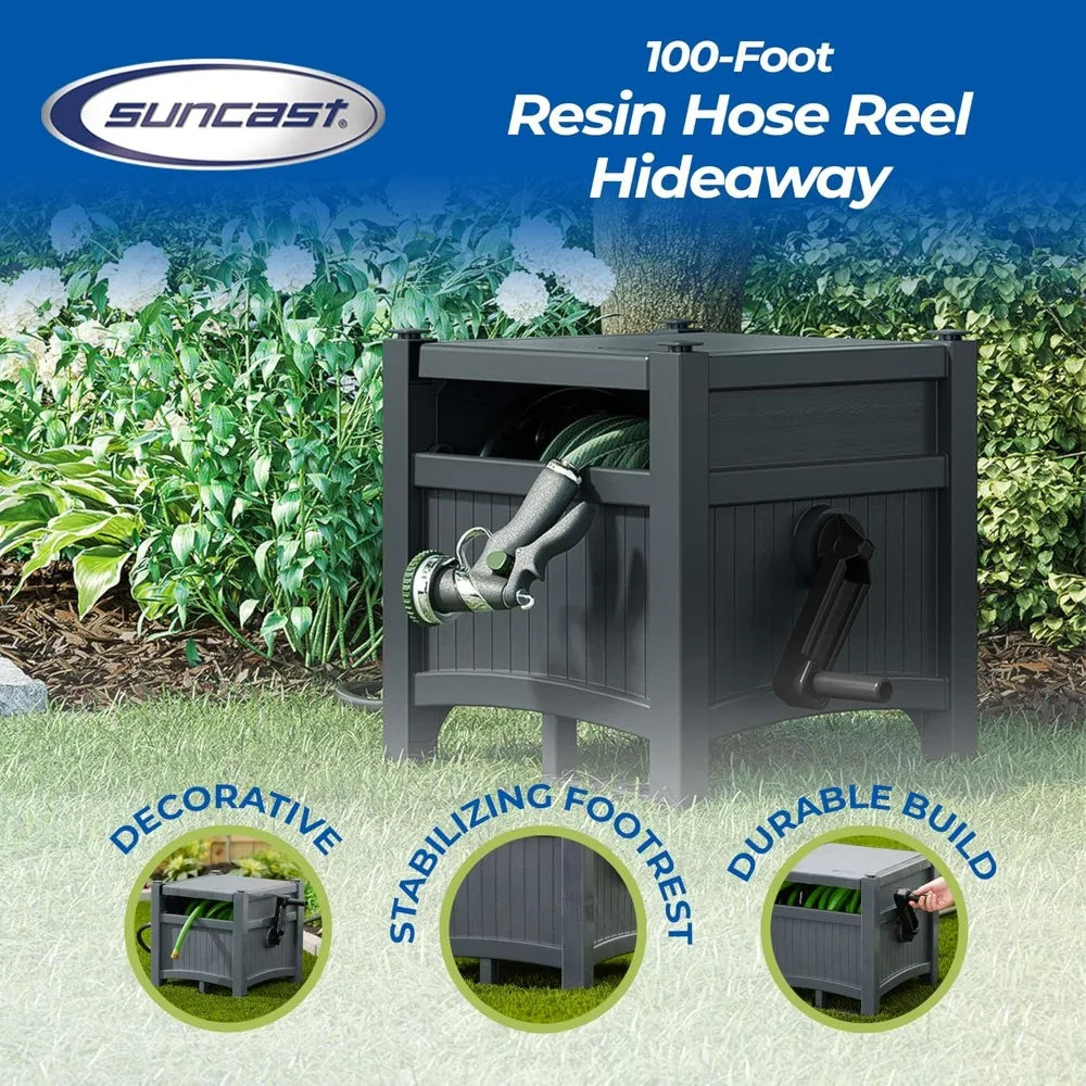 Suncast Cyberspace Grey Garden Hose Storage Reel Box Resin Outdoor Container Holds 100FT 5/8 Inch Water Line No Assembly Require