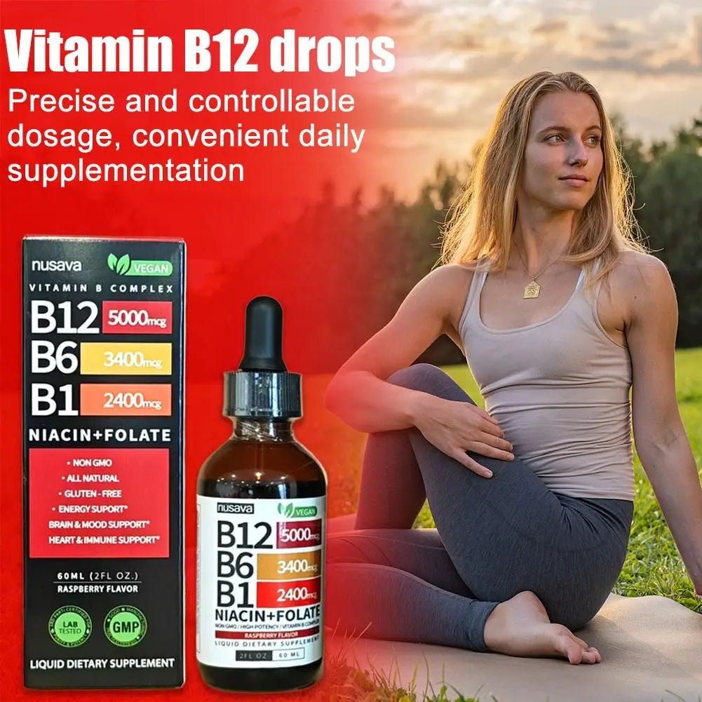 Vitamin B1 B6 B12 Multiple Vitamin B Complex Liquid Drops Raspberry Flavor Vegan Non-GMO Supplement 60ml Per Bottle Daily Supply