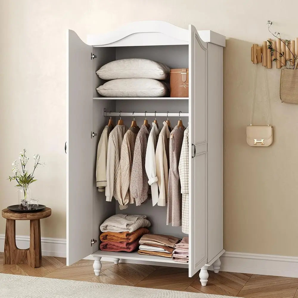 71 High Wooden Armoire with 2 Doors, Hanging Rod & Shelves - White Storage Cabinet for Bedroom or Cloakroom