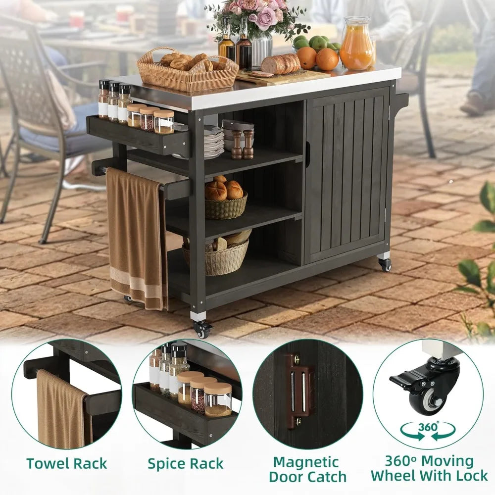 Solid Wood Outdoor Grill Cart With Stainless Table