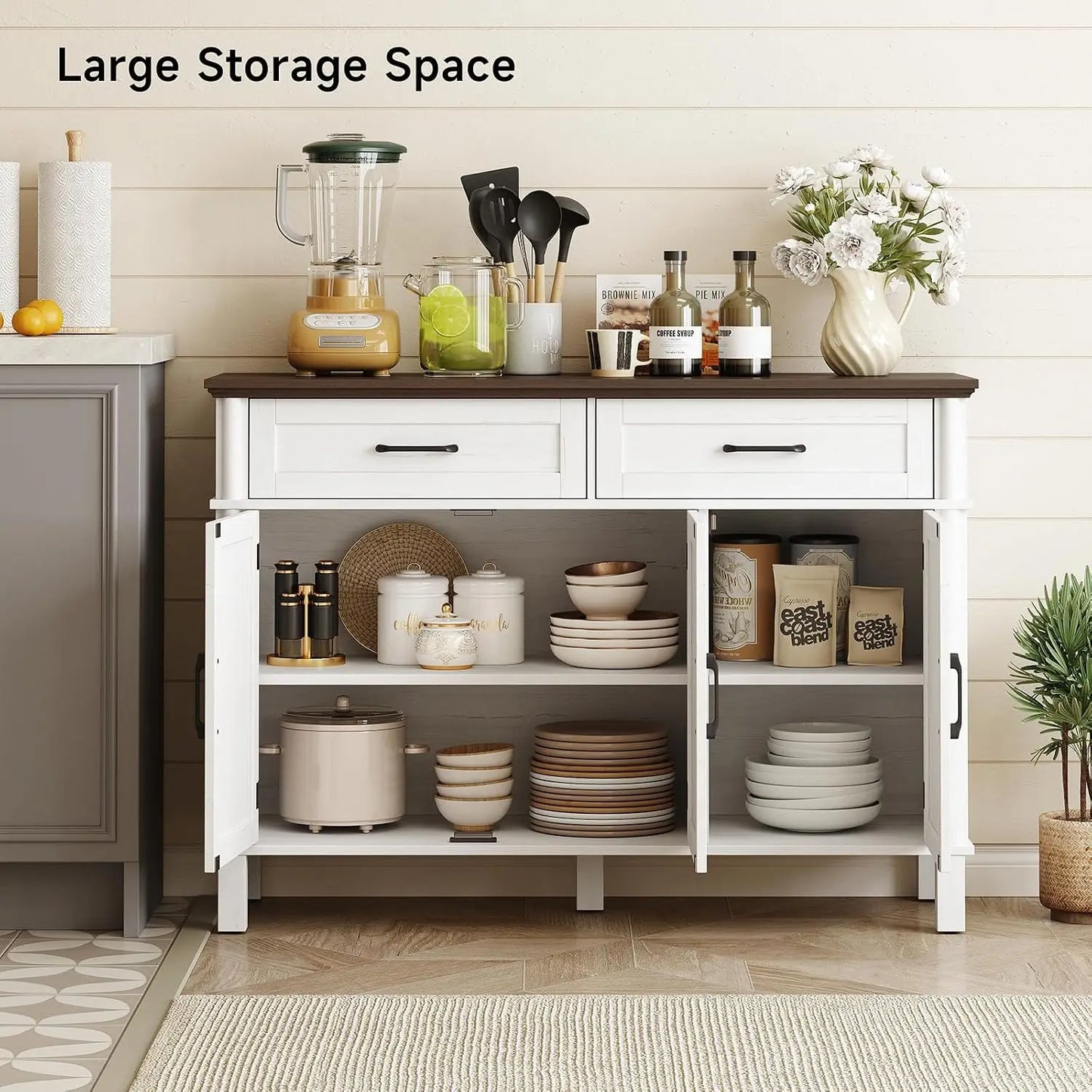 48 Inch Farmhouse Buffet Cabinet with 3 Doors & 2 Drawers, Wood Coffee Bar Storage Cabinet Adjustable Shelves for Kitchen Living Room