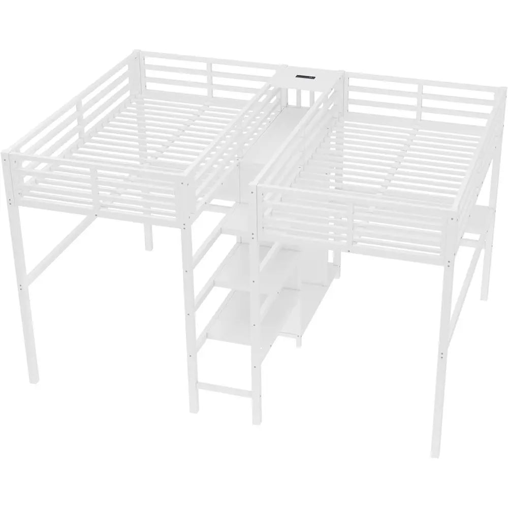 Twin Size Metal Bunk Bed with Desk, Charging Station, Wardrobe, and Storage Shelves, White
