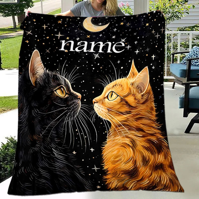 A personalized polyester flannel blanket with customizable names, featuring black and orange cats, thick weaving, all season sof