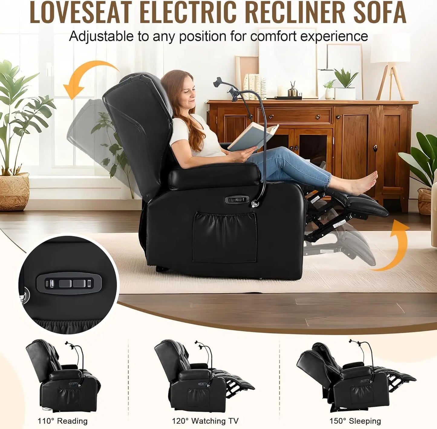 Power Recliner Loveseat for Living Room, Loveseat Sofa with Center Console, USB Type-C Port, PU Leather Chair with, Customized