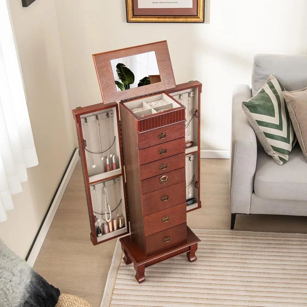 Standing Jewelry Armoire Cabinet Storage Chest with Seven Drawers Two Side Doors Twelve Necklace Hooks Makeup Mirror and Top Divided Compartment