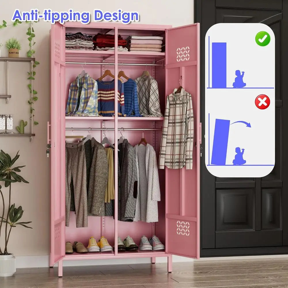 19 Deep Metal Wardrobe with 4 Shelves and 2 Hanging Bars, Pink, Assembly Required