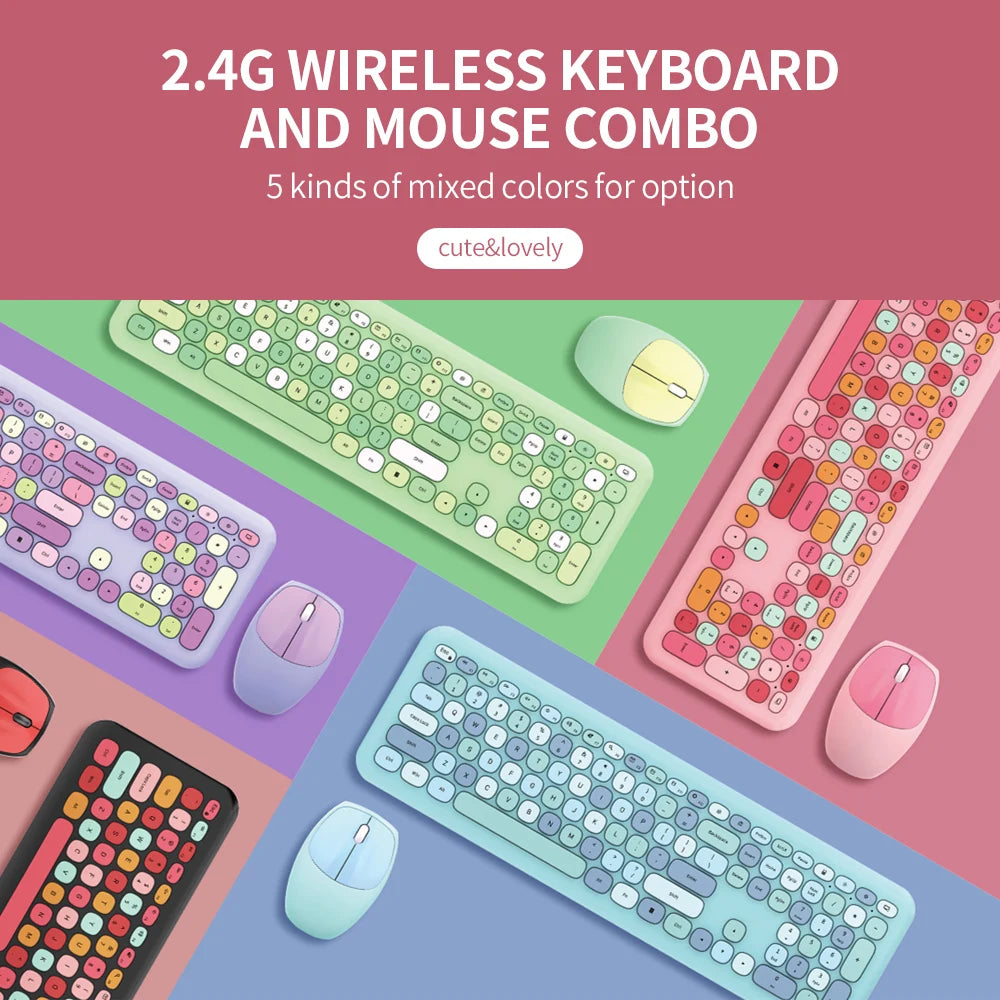 Keyboard Mouse Combo Wireless 2.4G Mixed Color 110 Key Keyboard Mouse Set with Round Punk Keycaps for Girl Purple