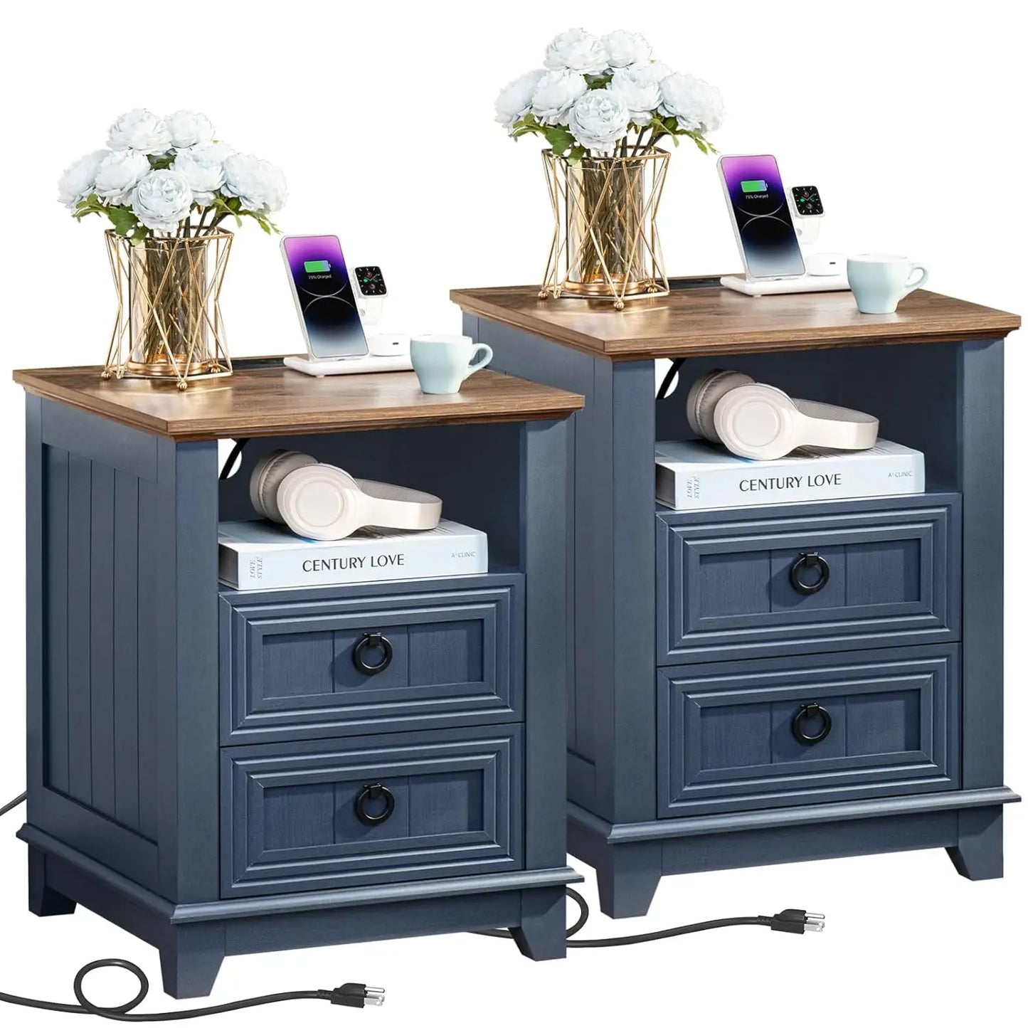 18" Farmhouse Night Stands Set of 2 with Charging Station, 2 Drawers End Table Dresser for Bedroom, Blue Wooden, Customized