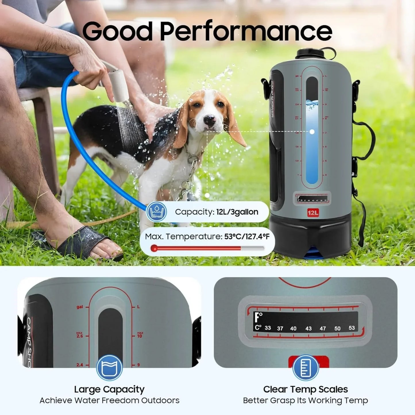 12L Camping Shower, Suitable for Camping, with Pump and 1.8 m Hose, Maximum Temperature 53 °C, Camping Shower, Solar Shower, Camping, Ideal for Garden, Car Washing, Beach, Travel and Pet Care