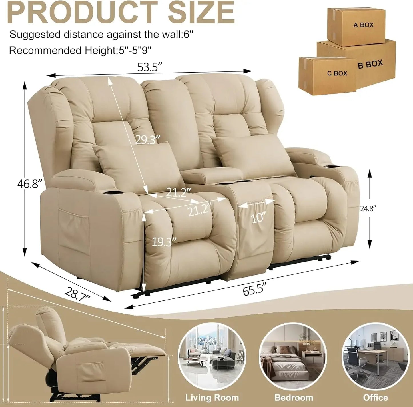65.5" RV Loveseat Recliner Double Recliner RV Sofa Beige