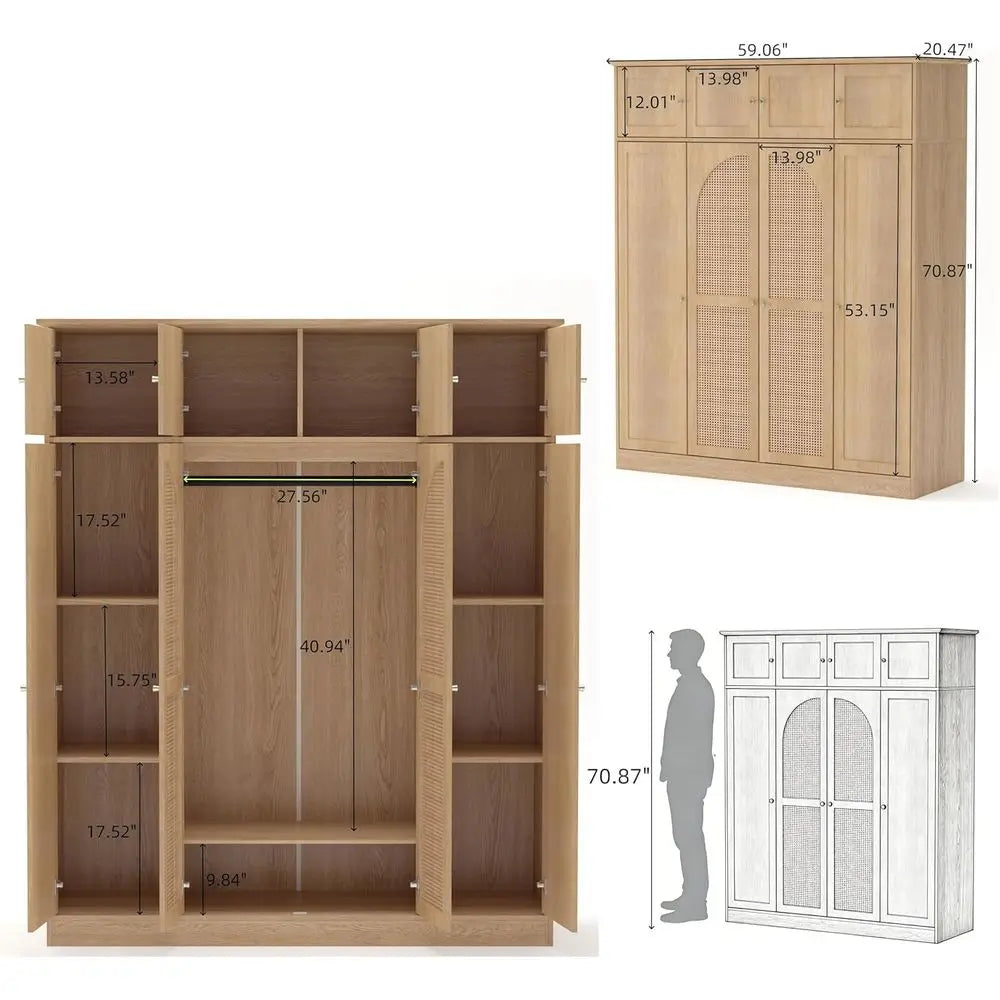 70.87 Tall Rattan Wooden Wardrobe with Hanging Rod and Adjustable Shelves, Natural
