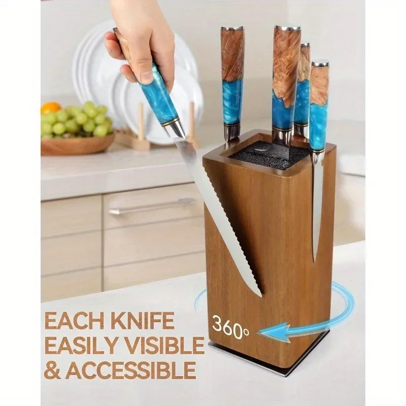 1Pc 360°Rotating Magnetic Knife Block Wood Universal Knife Holder 4‑Side Ultra‑Strong Magnets Knife Storage Rack with Removable Bristles Multifunctional Kitchen Countertop Knife Organizer