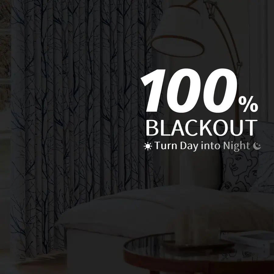 100 Blackout Curtains for Bedroom, Blue White Tree Curtains 84 Inches Long for Living Room, Grey Farmhouse Room Darkening Window