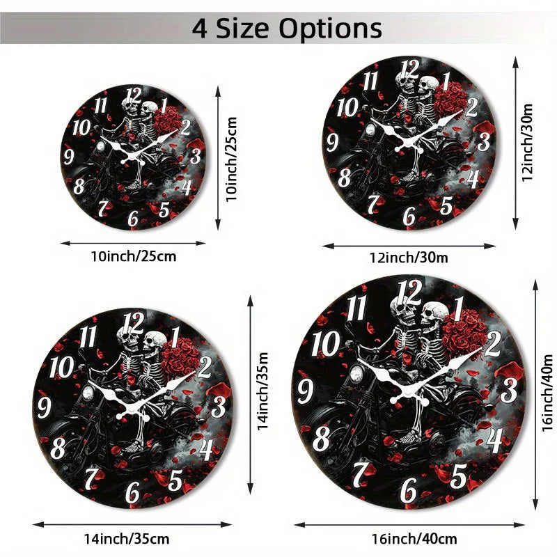 () 1pc Silent Wall Clock Non-Ticking Wooden, Decorative Circular Clock Gothic Motorcycle Skeletons with Roses Design for Bedroom