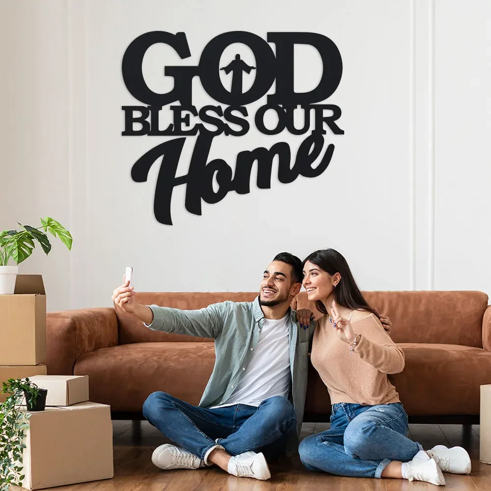 1Pc Metal God Bless Home Sign, Unique Wall Art, Home Decor, Metal Wall Hanger, Scene Decor, Theme Party Decor, Car Decor