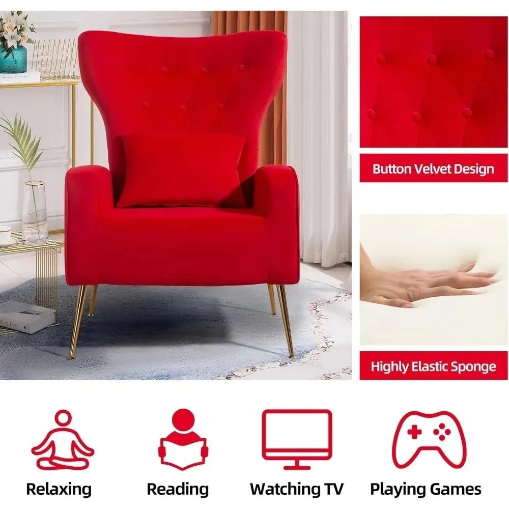 Velvet Accent Arm Chair, Mid-Century Modern Living Room Chair, Wingback Bedroom Side Chair with Gold Legs & Pillow，Customized