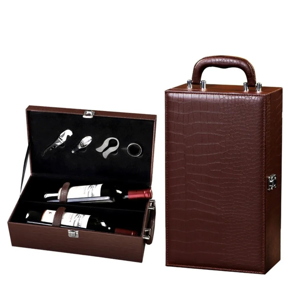 New PU Leather Wine Gift Box with Tools with Handle Portable Carrier Tote with 4 Accessories Set Red Wine Storage Box Gifts