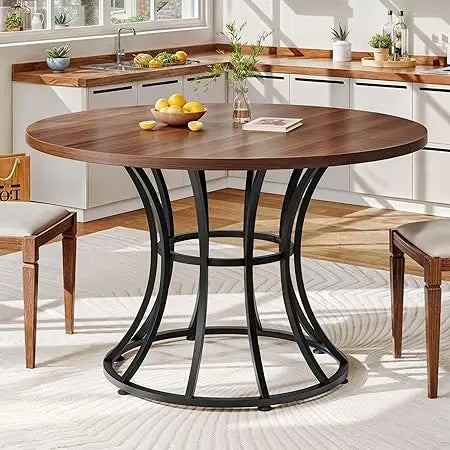 Farmhouse Round Dining Table With Heavy Duty Metal Base