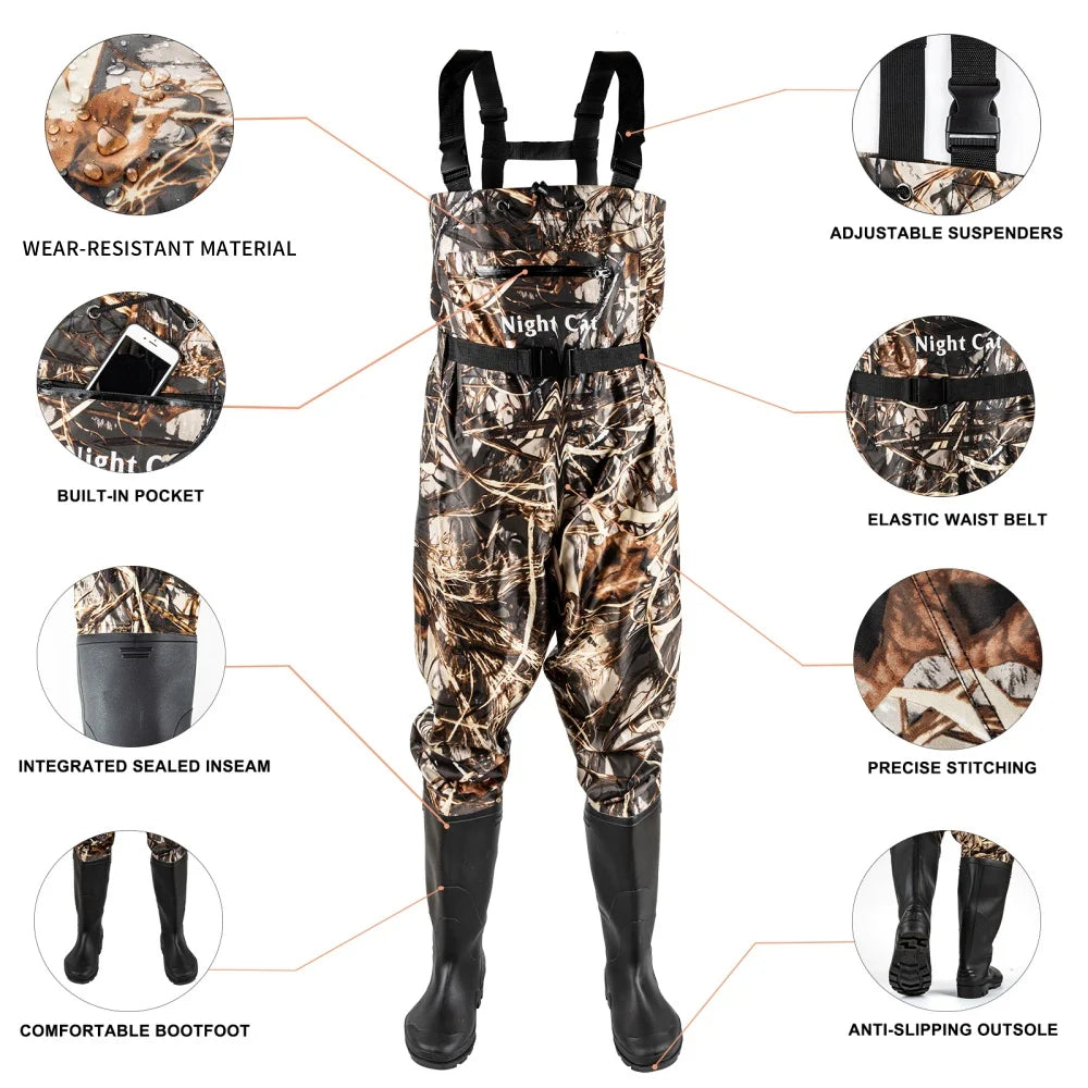 Men Women Waterproof Nylon PVC Waders Heavy Duty Chest Waders with Boots for Fishing Hunting Farm Work Anti-Slip Sole Adjustable