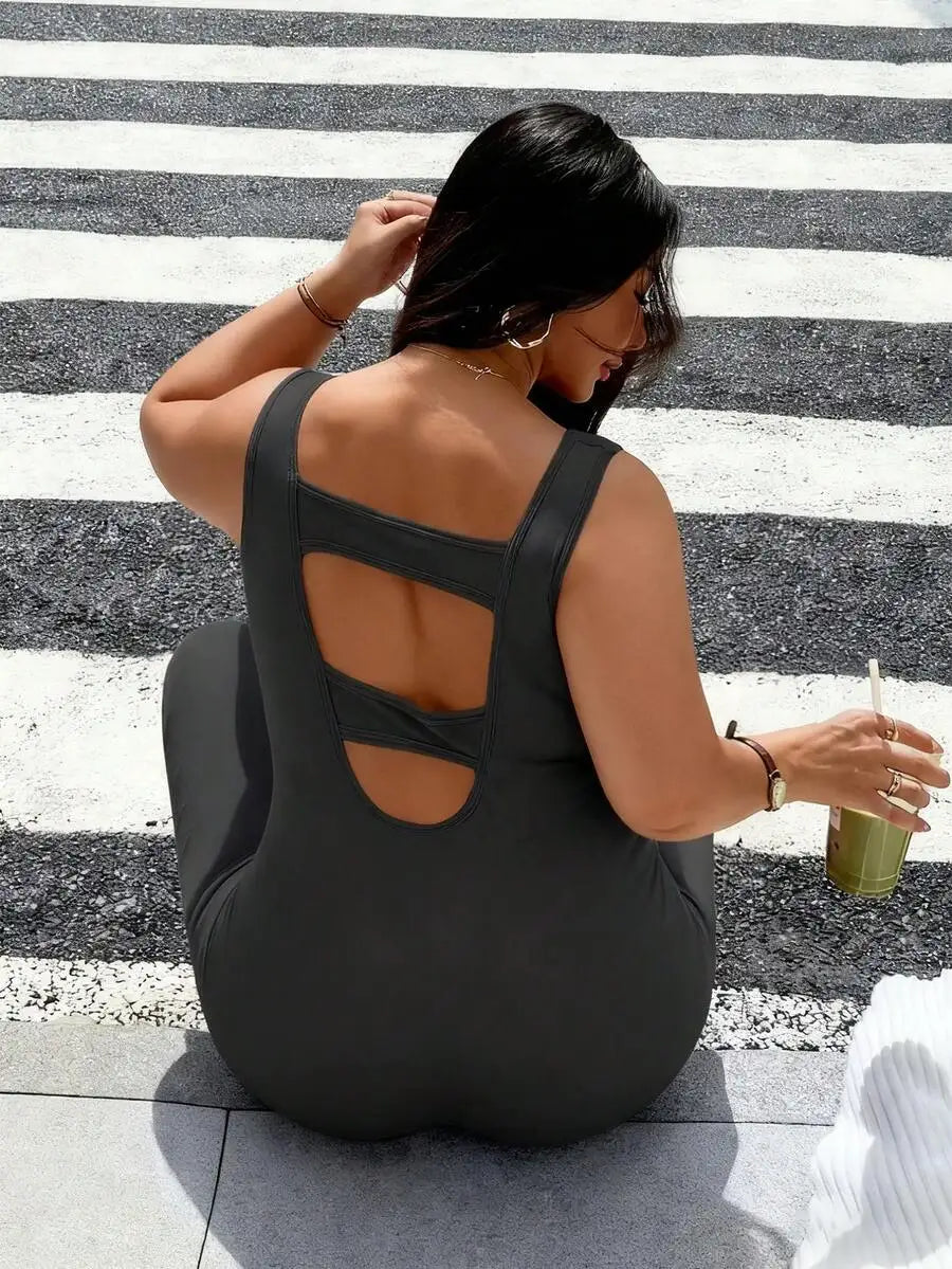 Rhythm Era 1pc Plus Size Black Backless Jumpsuit, Comfortable Stretchy Seamless Knit Yoga & Fitness Activewear