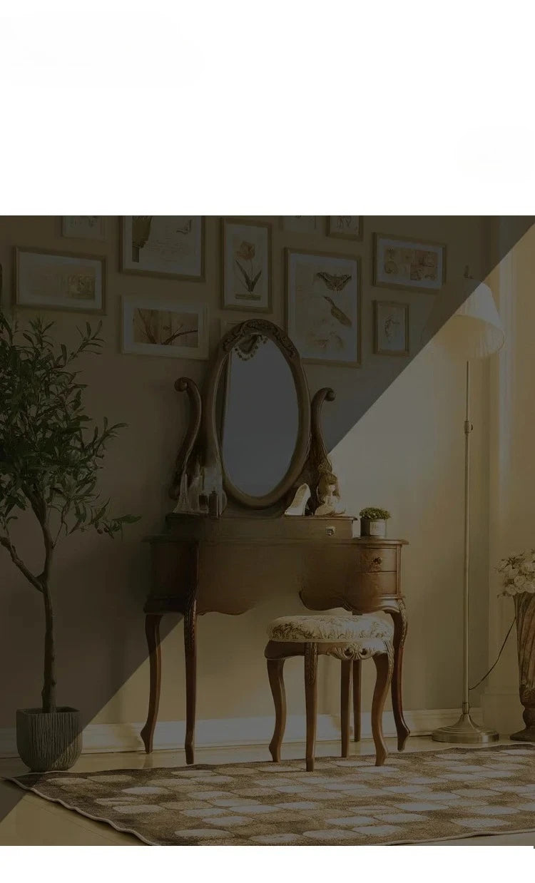 -European Solid Wood Mirror Table Bedroom Dresser Amercia Princess Furniture Dark Villa Luxury Carved Makeup Table Dressing Tabl