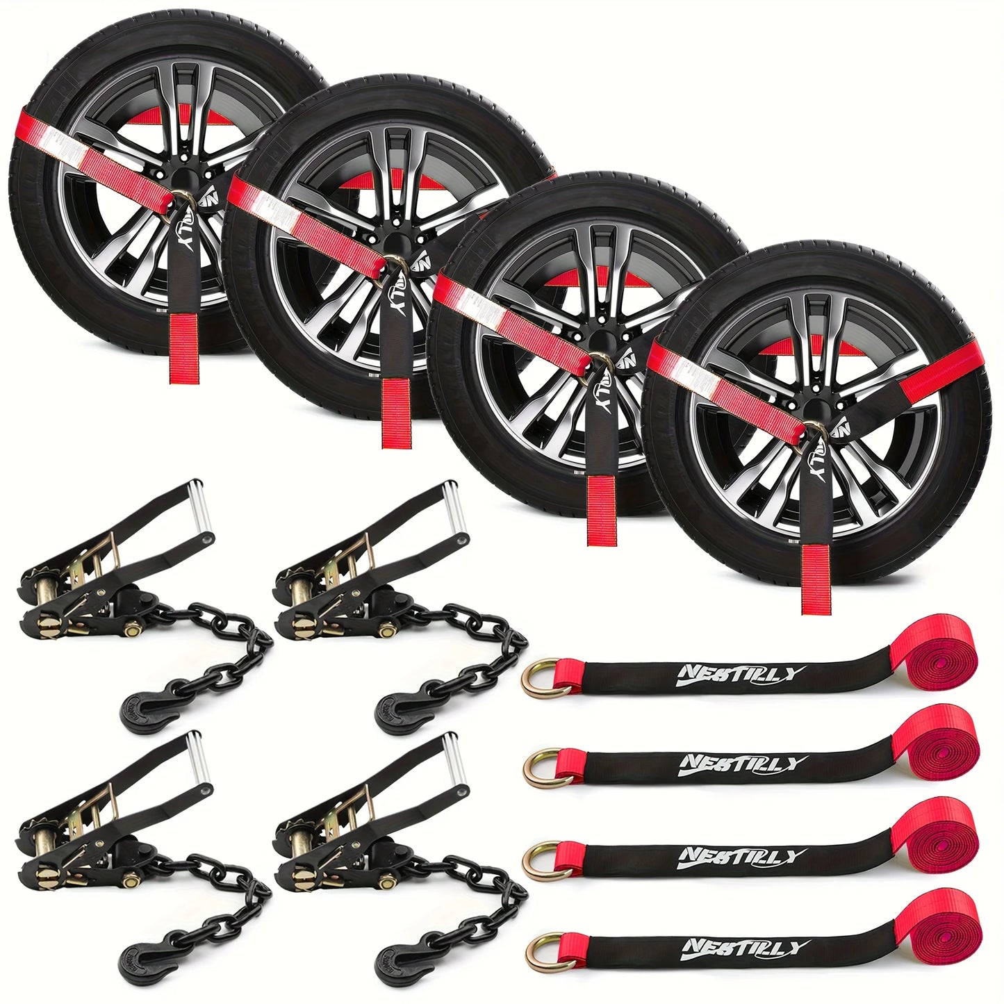 4 Pack Reflective Car Tie Down Straps For Trailers - Tire Ratchet Strap With Chain Anchors - 2" X 8' 9900LBS Break Strength - Lasso Style Wheel Straps For Hauling UTV, SUV, Truck