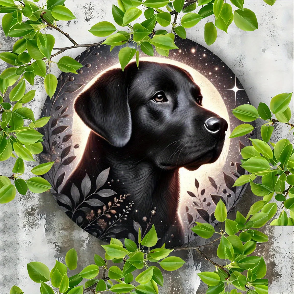 Charming Black Labrador and Kitten 7.8" Round Metal Wall Art - Starry Night Sky Design, Ideal for Home, Garden, Kitchen, Bar, Ca