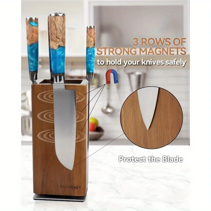 1Pc 360°Rotating Magnetic Knife Block Wood Universal Knife Holder 4‑Side Ultra‑Strong Magnets Knife Storage Rack with Removable Bristles Multifunctional Kitchen Countertop Knife Organizer