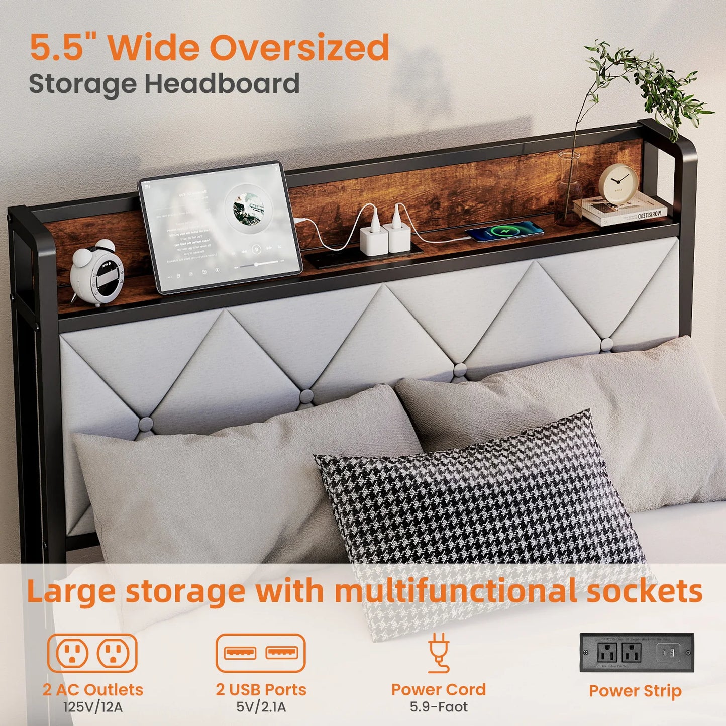 MCQ Twin Size Metal Bed Frame with Storage Headboard No Box Spring Needed Easy Assembly Durable Squeak-Free Frame With USB Charging Station For Home Bedroom