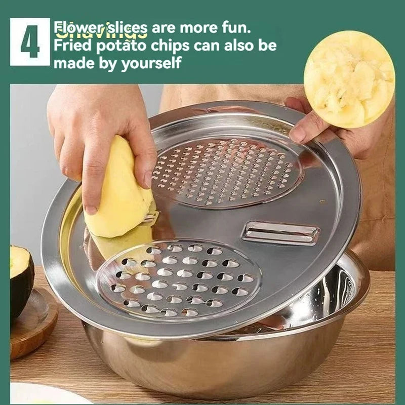 Vegetable Slicer Set 3PCS/1Set Stainless Steel Potato Cutter with Washing Basin Drain Basket Multifunctional Vegetable Chopper
