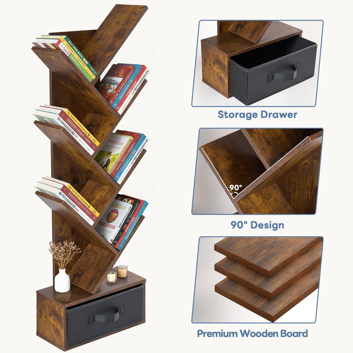 MCQ 7-Tier Tree Bookshelf with Drawer 43IN Wooden Narrow Slim Corner Bookshelf for Small Spaces Geometric Wooden Book Rack
