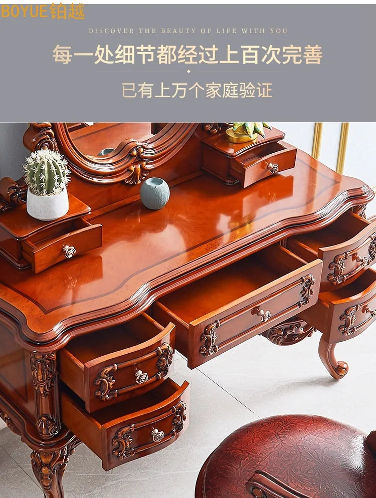 European dresser solid wood carving flower princess bedroom dressing table assembly dark retro American dressing table small apa
