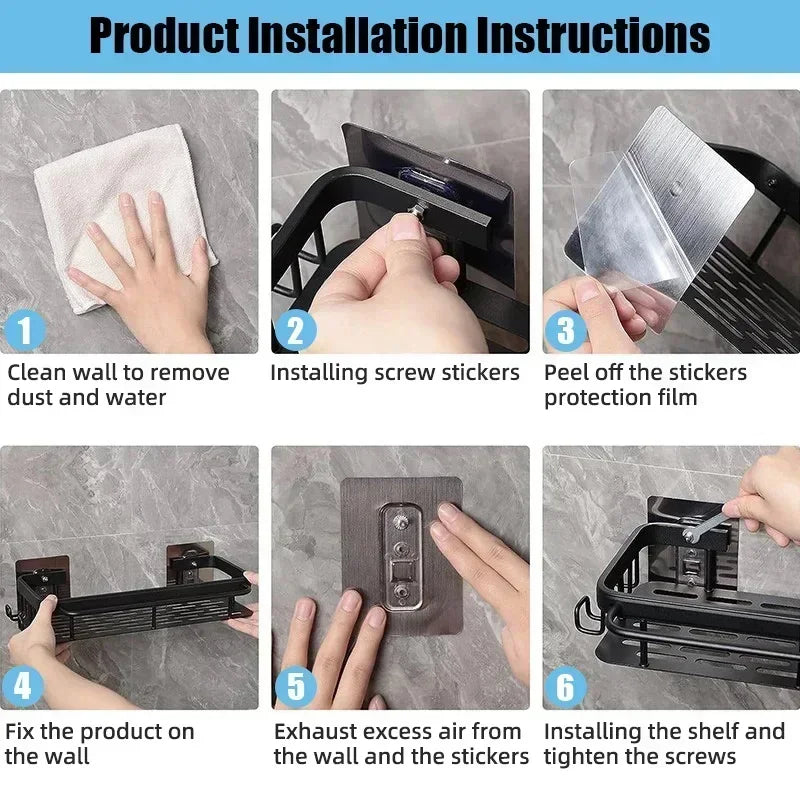 Wall Mounted No Drill Aluminum Alloy Shower Shelf Durable
